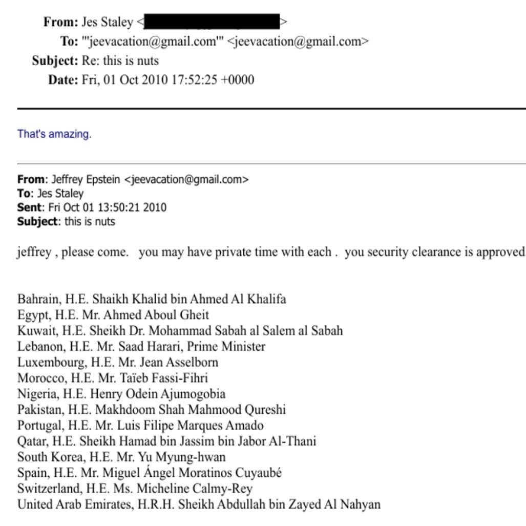 MoroccoIntel's tweet photo. 🇲🇦#FAKENEWS| Suite à la déclassification de documents liés à l'affaire Epstein, des fake news risibles cherchent à impliquer le conseiller royal Taieb Fassi Fihri et viser indirectement la monarchie.

L’email montre un échange bref entre Jes Staley, ex PDG de Barclays, et Jeffrey Epstein l’invitant à se joindre à un meeting diplomatique déjà organisé où des officiels d'une dizaine de pays dont le Liban 🇱🇧, Qatar 🇶🇦, Koweit 🇰🇼, Égypte 🇪🇬, Corée du Sud 🇰🇷, Suisse 🇨🇭, Pakistan 🇵🇰 .. et du Maroc 🇲🇦 étaient invités. 
Une invitation à l'initiative seule de Jes Staley, sans que l'on sache si Jeffrey Epstein s'est finalement joint au meeting.

La fake news élude le contexte, l'invitation à l'initiative seule de Jes Staley et de la réunion préalablement organisée, sans Jeffrey Epstein, avec une dizaine de pays n'ayant jamais formulé cette invitation, pour en imputer la totale responsabilité au Maroc par le biais de Taieb Fassi Fihri, avec une allusion volontairement vicieuse et à connotation sexuelle.

Aucun passage ne mentionne de mineurs, mais le tweet est volontairement formulé vicieusement pour en insinuer la présence pour ceux qui survoleraient le tweet en utilisant les formules de « private time » et « 16 years », pour désigner en réalité le nombre d'années de fonctions de Taieb Fassi Fihri en tant que conseiller royal.

Le tout évidemment en ajoutant par ricochet une photo du Roi Mohammed VI pour mieux désigner la cible réelle de l'auteur de la fake news, comptant profiter de la confusion des lecteurs, sans pourtant aucun lien avec le mail ni la moindre base factuelle.