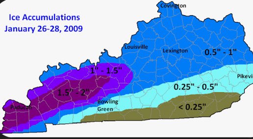 severewxnerd's tweet photo. @PettusWX We had an ice storm in 2009 that dropped 1.5-2 inches of ice here in west KY and we still had our power back in a week even though we live out in the middle of nowhere. It’s ridiculous that the crews down there are still struggling over a week later with like half of what we had. https://t.co/rqOrYN7v3l