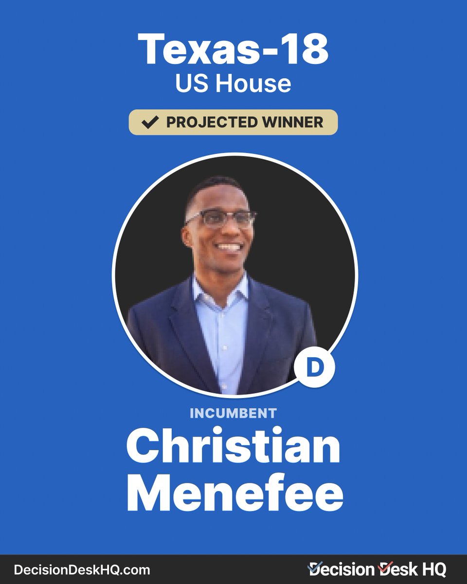 DecisionDeskHQ's tweet photo. Decision Desk HQ projects Christian Menefee to win the US House special election in Texas's 18th congressional district.

#DecisionMade: 10:59 pm ET https://t.co/wVKIjJG4kh