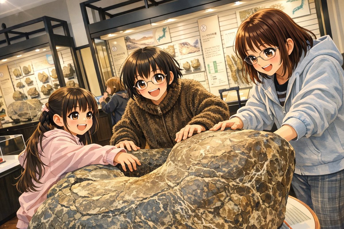 アンモナイトの化石を撫でまくる母娘。何をするにも金がかかりがちな東京ですが、小学生以下無料の国立科学博物館はありがたい場所です。 #AIart