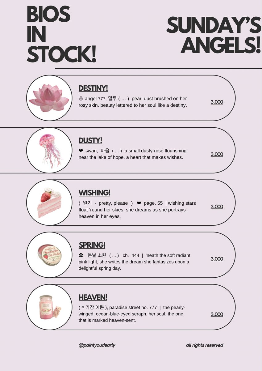 paintyoudearly's tweet image. 𓈒⠀⠀𓏸⠀⠀𓇼 a repost, please? thank you! 🍮🥄 

happy sunday, lovelies! aku punya bio wording angels series ready stock yang bisa diklaim sekarang juga. 🍧🎀 grab these beauties fast! &amp;lt;3 #zonauang