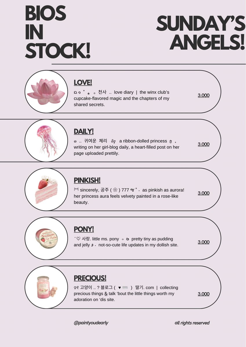 paintyoudearly's tweet image. 𓈒⠀⠀𓏸⠀⠀𓇼 a repost, please? thank you! 🍮🥄 

happy sunday, lovelies! aku punya bio wording angels series ready stock yang bisa diklaim sekarang juga. 🍧🎀 grab these beauties fast! &amp;lt;3 #zonauang