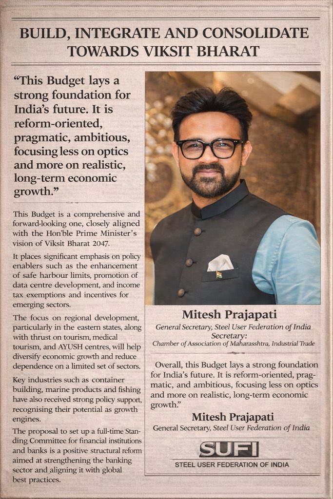 mp9320071006's tweet photo. #UnionBudget2026
A BUILD, INTEGRATE AND CONSOLIDATE TOWARDS VIKSIT BHARAT

This Budget is a comprehensive and forward-looking one, closely aligned with the Hon’ble Prime Minister’s vision of Viksit Bharat 2047.
@PiyushGoyalOffc @nsitharaman @iGopalShetty @sanjayupadhyay
#sufi https://t.co/o3iYeCJcQz