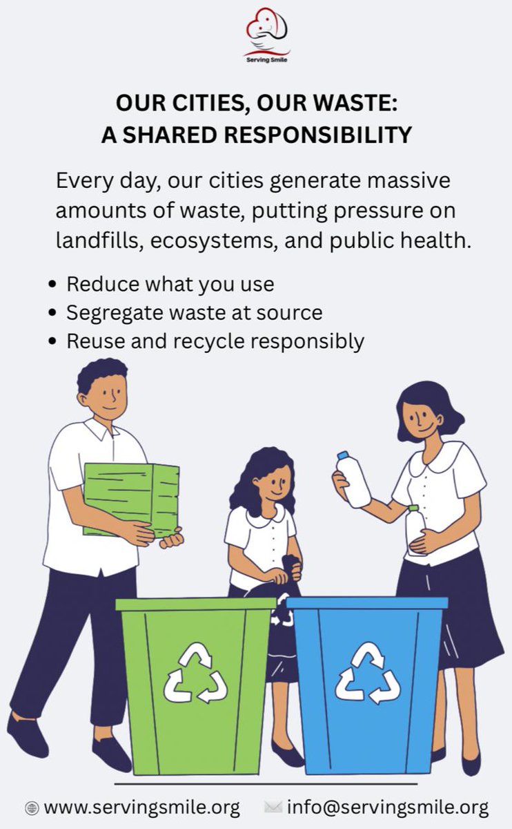 ServingSmileNGO's tweet photo. Clean cities begin with conscious citizens. Our cities, our waste — a shared responsibility.
#CommunityFirst #OurCitiesOurWaste #KeepItClean #GreenCities #ActForChange https://t.co/HJkojcoTMn