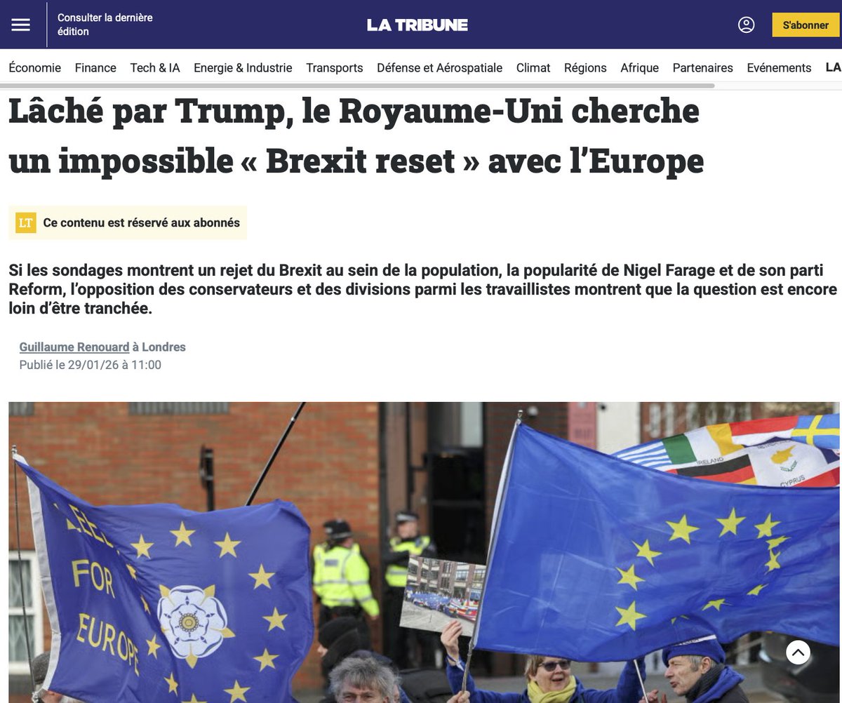 Quelle connerie, le Brexit👇

"Plusieurs récents sondages montrent qu’environ 60 % des Britanniques souhaiteraient que leur pays soit encore dans l’UE, 𝐮𝐧 𝐜𝐢𝐧𝐠𝐥𝐚𝐧𝐭 𝐝𝐞́𝐬𝐚𝐯𝐞𝐮 pour le Brexit 10 ans après
72 % considèrent que leur pays est 𝐦𝐨𝐢𝐧𝐬