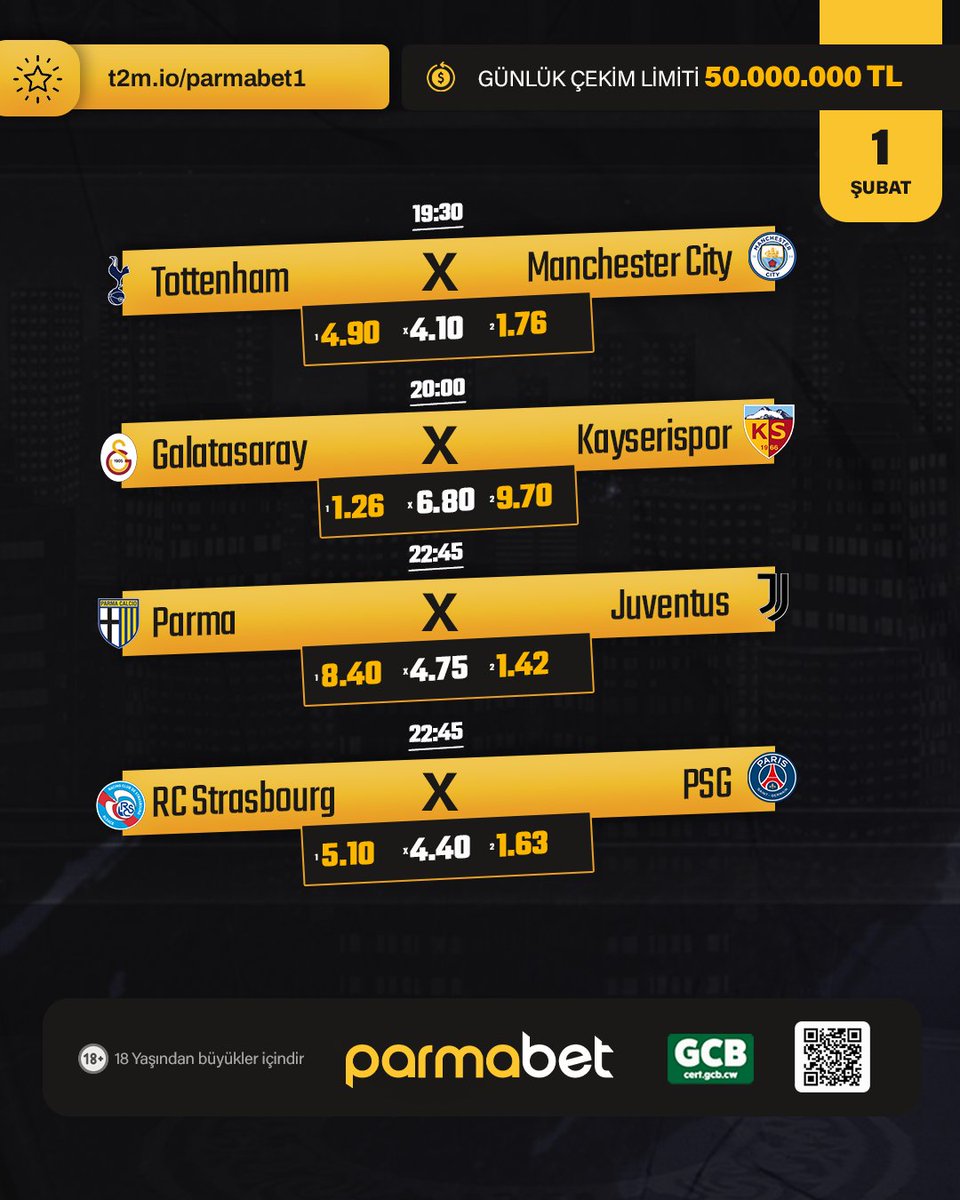 Parmabet23's tweet photo. 🔥 Parmabet'te Pazar Gününün En Yüksek Oranlı Maç Programı Sizi Bekliyor!

⚽️ Tottenham 🆚 Manchester City
⚽️ Galatasaray 🆚 Kayserispor
⚽️ Parma 🆚 Juventus
⚽️ RC Strasbourg 🆚 PSG

🔗 Parmabet'e ulaşmak için:  https://t.co/qdUCKpWFXx https://t.co/9T3tCFwjH6
