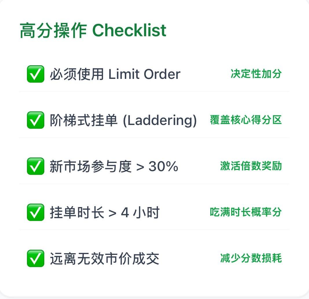 Joensmoon's tweet photo. ❱❱ 对Opinion 的数据分析和刷分策略 （实测）

本周刚刚出分，整体盈利5380U ，积分比前几周提升了20%-30% 

获得积分103分，具体本金和每周成本纪录

收益部分主要来源于 @Aster_DEX 人类和AI比赛事件，以及@RiverdotInc  估值2.10前到达100亿事件

根据Dune数据显示应该是临近TGE用户撤退，内卷程度下降，积分变多的因素之一。

通过个人账户的行为模式全部喂给AI分析，得出以下刷分优解 👇👇

————————

1 )交易量 (Volume) vs 挂单 (Maker)

交易量只是基础分，低权重，贡献大量的“Orderbook 停留时长”。即使一段时间取消，只要单子在盘口，不成交也有很高权重

2 )挂单价格与中间价 

挂单价格越接近当时的撮合中间价，得分权重越高。

 阶梯挂单 （在不同价位分 5-10 笔小额挂单）比单笔重仓更好，可以保证在价格波动时，总有单子处于“高权重积分区”。

 技巧： 在买卖盘中间价附近分 3-5 层挂单,如果价格跑远了，撤掉重挂。

3 ) 盈亏 (PnL)
PnL 弱相关,盈亏对得分没有太多直接加成。
系统奖励的是“预测行为”本身。

4 )持仓奖励线性增长

持有股份期间，系统会根据持仓价值和市场倍数持续产出 PTS。

技巧: 账户里尽量保持 5个以上活跃头寸。

选一些波动小的事件进行中长期持仓，哪怕金额不大，也能维持住账户的积分产生速率。

 5 ) 官方激励型市场 (Boosted Markets)

带有 Hot 或特定项目标（如 Perena, edgeX, Nansen）。

通常有 2x - 3x 的积分加成

6 ) 新市场倍数明显高于老市场

有2x - 4X权重加成

技巧:每日关注新市场做阶梯流动性挂单，根据价格变动取消再挂单

———————

🧣以下是总结的不同变量因素权重占比表和高分LIST

流动性45% - > 不同市场 25% - > 挂单价格精准度 15%->持仓时长 10% -> 交易量 5%

🤷‍♀️帮主建了一个空投黑奴交流群，感兴趣的朋友欢迎来交流

CLUB :https://t.co/vP7b8FKTwr