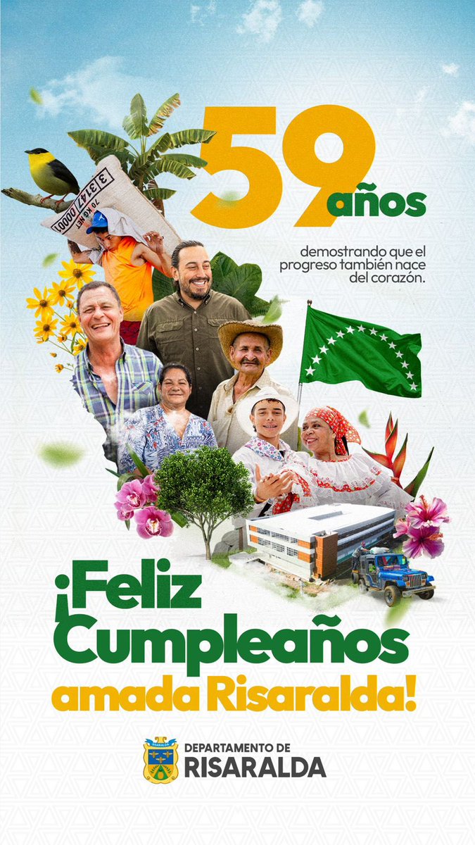 💚🎉 59 AÑOS DE MI AMADA RISARALDA 💚🎉

Este 1 de febrero celebramos 59 años de vida administrativa de nuestro departamento. Una fecha especial para recordar con alegría el lugar donde nacimos, donde crecimos y donde nos hicimos fuertes.