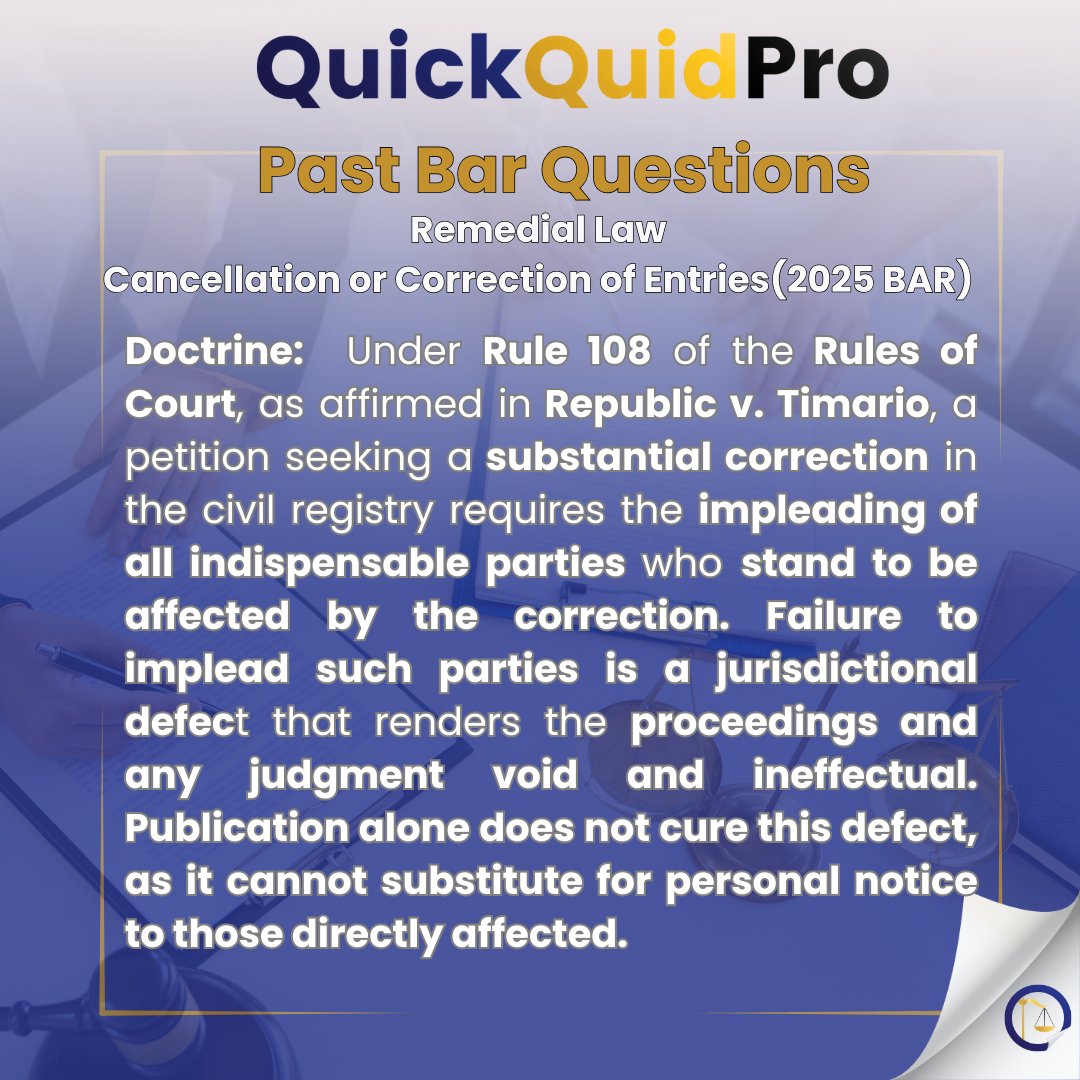 QuickQuid_Pro's tweet image. Remedial Law: Past Bar Questions ⚖️📖
Cancellation or Correction of Entries (2025 Bar)   

See more : facebook.com/quickquidproph/ 

#AweSAMbar2026 
#StrivewithHopeandGrit
#SuccessAchievedthroughMerit💛