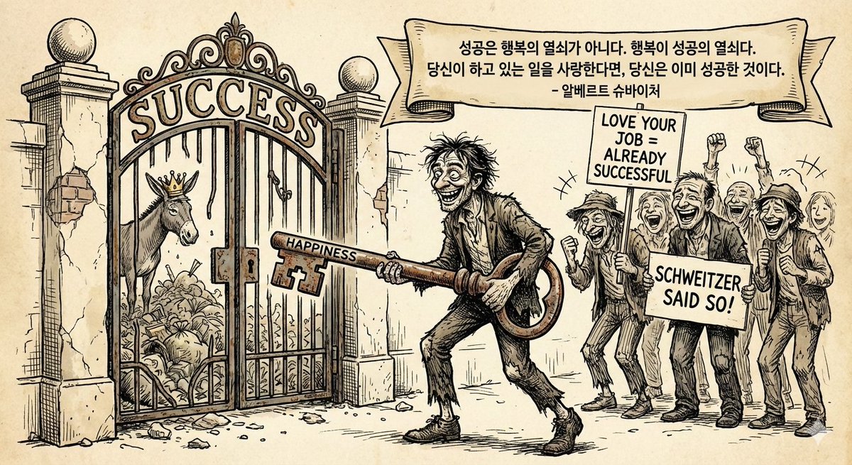 belcore922's tweet photo. "하루 16시간 일했던 내가 그만둔 이유 "

나는 매일 성공에 대해 물었다. 

은행 잔고의 숫자가 특정 자릿수를 넘는 순간,
명함에 찍힌 직함이 일정 높이에 도달하는 순간, 
나는 "성공했다"고 외칠 수 있는줄 알았다.

하지만 나의 욕망은 본질적으로 멈추지 않았다.
 
이것은 결핍이 아니라 내 존재의 구조 자체가 그래서다. 

쇼펜하우어는 "의지의 끝없는 진자운동"이라 불렀다.

욕망과 지루함 사이를 영원히 왕복하는 인간의 운명을......

인생을 긴 여정이라고 할때, 
우리는 흔히 종착역을 생각한다. 

하지만 진짜 여행은 도착이 아니라 과정 자체에 있다. 

카바피스는 '이타카로 가는 길'이라는 시에서 
이렇게 말했다고 한다. 

"이타카가 너에게 아름다운 여정을 주었다면, 
그것만으로 충분하다. 
설령 도착했을 때 그곳이 가난하다 해도."

우리가 하루하루를 즐기지 못한다면, 
여행이 끝난 후 남는 것은 뭘까? 

흐릿한 사진 몇 장과 "그때는 이렇게 아름다운지 몰랐었네?"
라는 후회뿐이겠지. 

성공이라는 미래의 약속에 현재를 저당 잡힌 사람은, 
결국 평생 미래에 갇혀 살다가 늙어 버린다. 

현재는 한 번도 제대로 살아보지 못해 본거지.

그럼 어떻게 살아야 되냐고?

더 나은 것을 향한 욕구는 
인간을 인간답게 만드는 원동력이니 부정할 필요는 없다. 

다만 그 끝없는 욕구로 인해 현재의 가치를 보지 못하면 
안된다는거지.

그리고 목표를 가지는 것이 중요하지만 그 방향으로 걷는 
매 순간이 삶 자체라는 것을 인식해야 한다. 

산을 오르는 이유가 정상에 있다면, 
케이블카를 타는게  효율적이겠지. 
하지만 내가 걷는 이유는 걷는 그 자체가 행복해서다.

일본의 미학 개념 중 "와비사비"라는게 있다. 

불완전함, 덧없음, 미완성 속에서 아름다움을 
발견하는 정신이다. 

우리 삶도 그렇지 않을까?

완성되지 않았기에, 도착하지 않았기에, 
여전히 목말라 있기에 아름답다.

성공은 목적지가 되어서는 안되고 
여행하는 방식이 되어야 한다. 

여행을 하루하루 즐기고 만끽해야 
행복한 여행을 마무리짓는다.

우리 모두는 아직 도착하지 않은 여행을 하고 있다.
 
오늘이라는 이 하루가 너무나 소중하다......
사랑한다...나의 오늘

"성공은 행복의 열쇠가 아니다. 행복이 성공의 열쇠다. 
당신이 하고 있는 일을 사랑한다면, 
당신은 이미 성공한 것이다." 

- 알베르트 슈바이처