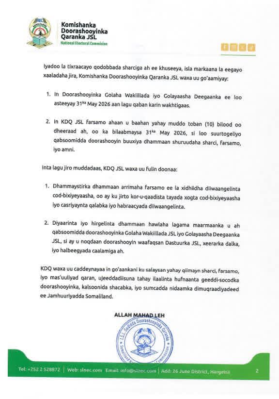 jimcaleguray's tweet photo. Update Guddida Doorashooyinka Somaliland oo soo saaray go’aankooda doorashada.

Guddida ayaa sheegay in aan doorashadu ku dhicinkarin wakhtigii loogu talo-galay. https://t.co/UXRQGZL4bt