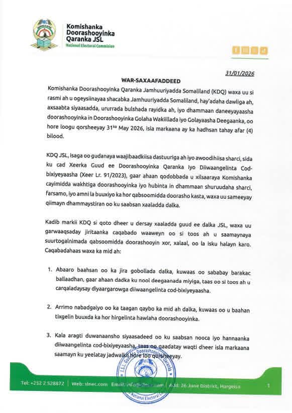 jimcaleguray's tweet photo. Update Guddida Doorashooyinka Somaliland oo soo saaray go’aankooda doorashada.

Guddida ayaa sheegay in aan doorashadu ku dhicinkarin wakhtigii loogu talo-galay. https://t.co/UXRQGZL4bt