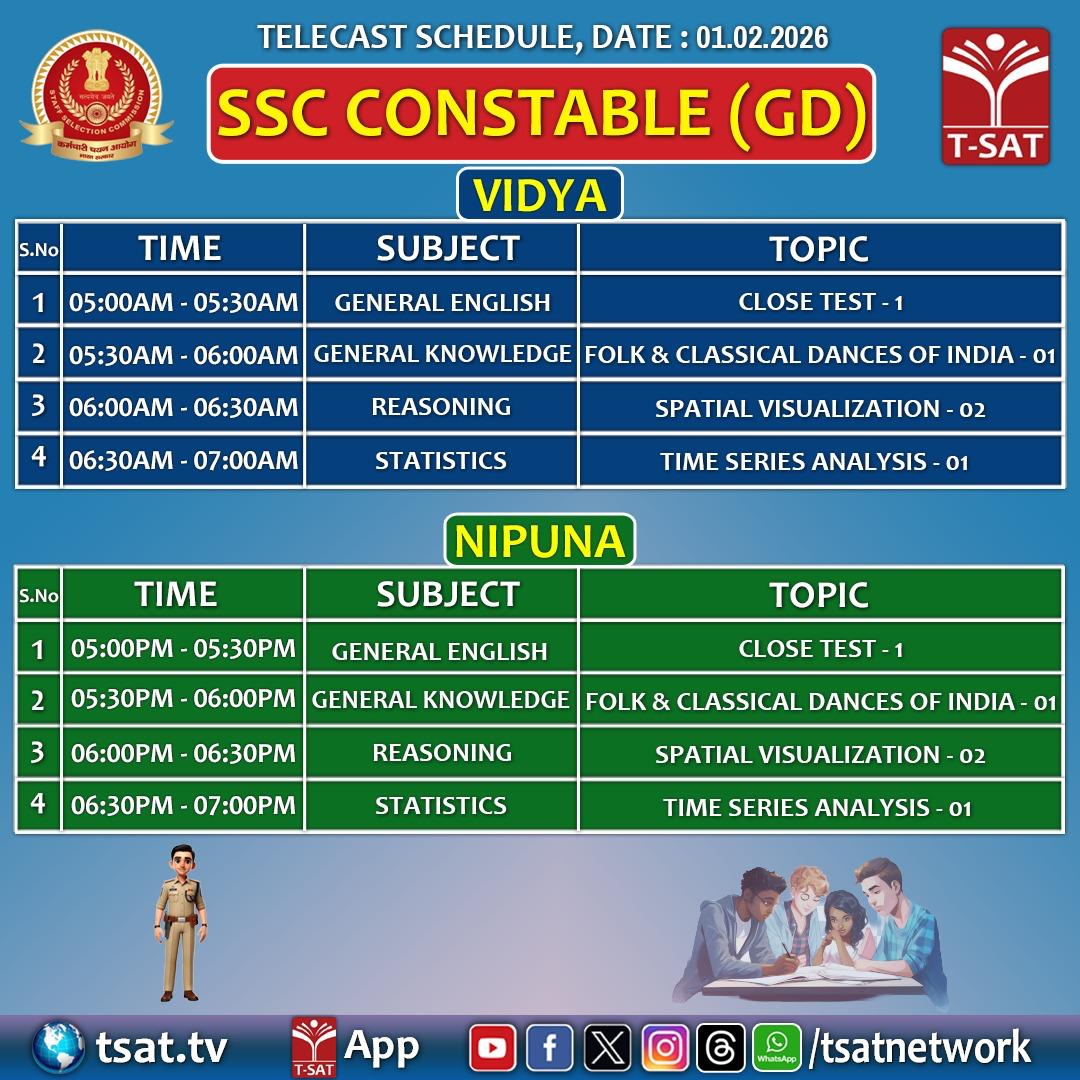 TSATnetwork's tweet photo. 🎯 SSC CONSTABLE (GD) – Exam Preparation Programme    

🗓 Date: 1 February 2026  
📡 Watch on: T-SAT VIDYA &amp; NIPUNA    

🌐 Also available on:  
👉 https://t.co/Omf2YE7tkn  
👉 T-SAT App  
👉 YouTube / TSATNetwork https://t.co/Nt00APYr5J
