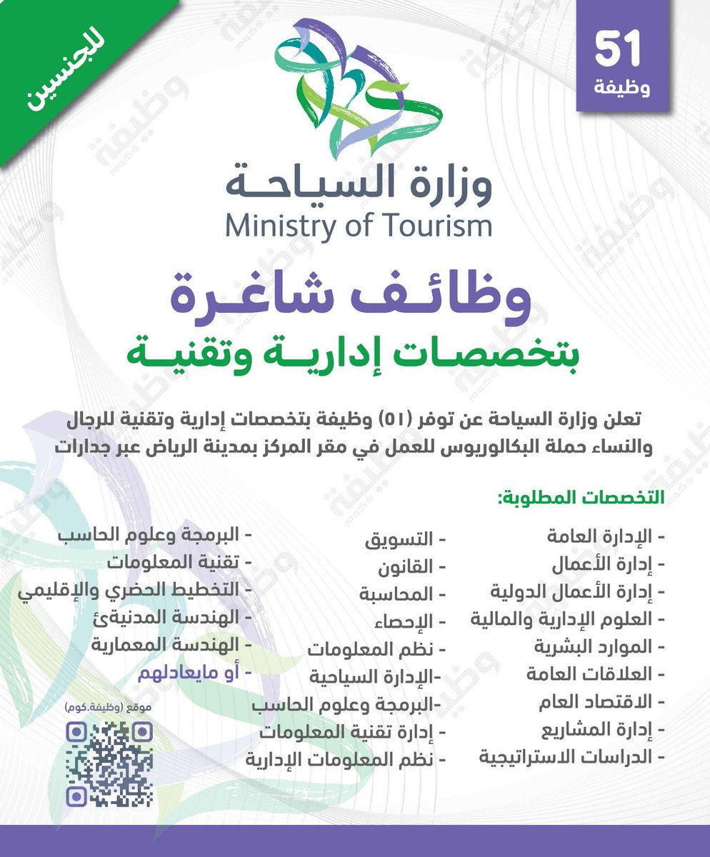 WadhefaDotCom's tweet photo. 🟩 رسمياً: فتح باب التوظيف للجنسين (بوزارة السياحة):

تعلن #وزارة_السياحة عن فتح التوظيف لشغل (51) #وظيفة للرجال والنساء حملة البكالوريوس فأعلى في التخصصات (الإدارية، التقنية، وغيرها) عبر منصة التوظيف #جدارت.

التفاصيل: https://t.co/0hx9tbg9ki

#وظائف_شاغرة https://t.co/yckbazpSmC