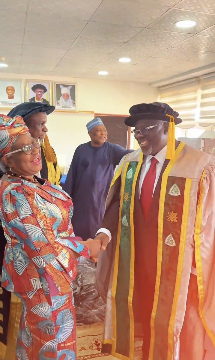 NOIweala's tweet photo. More photos from the Ahmadu Bello University Graduation Ceremony. Many thanks to my two Governors, Governor of Delta state HE Sheriff Oborevwori @RtHonSheriff, and Governor of Abia State HE Alex Otti @alexottiofr, for joining me on this occasion. 
Also congrats to Vice Chancellor, Prof Adamu Ahmed on starting a carbon footprint offset program on campus by asking students to each plant one fruit tree that can yield income for the university whilst offsetting their carbon emissions. With over 3000 trees planted by students, this is making the campus beautiful and green. 
@abuzaria4all