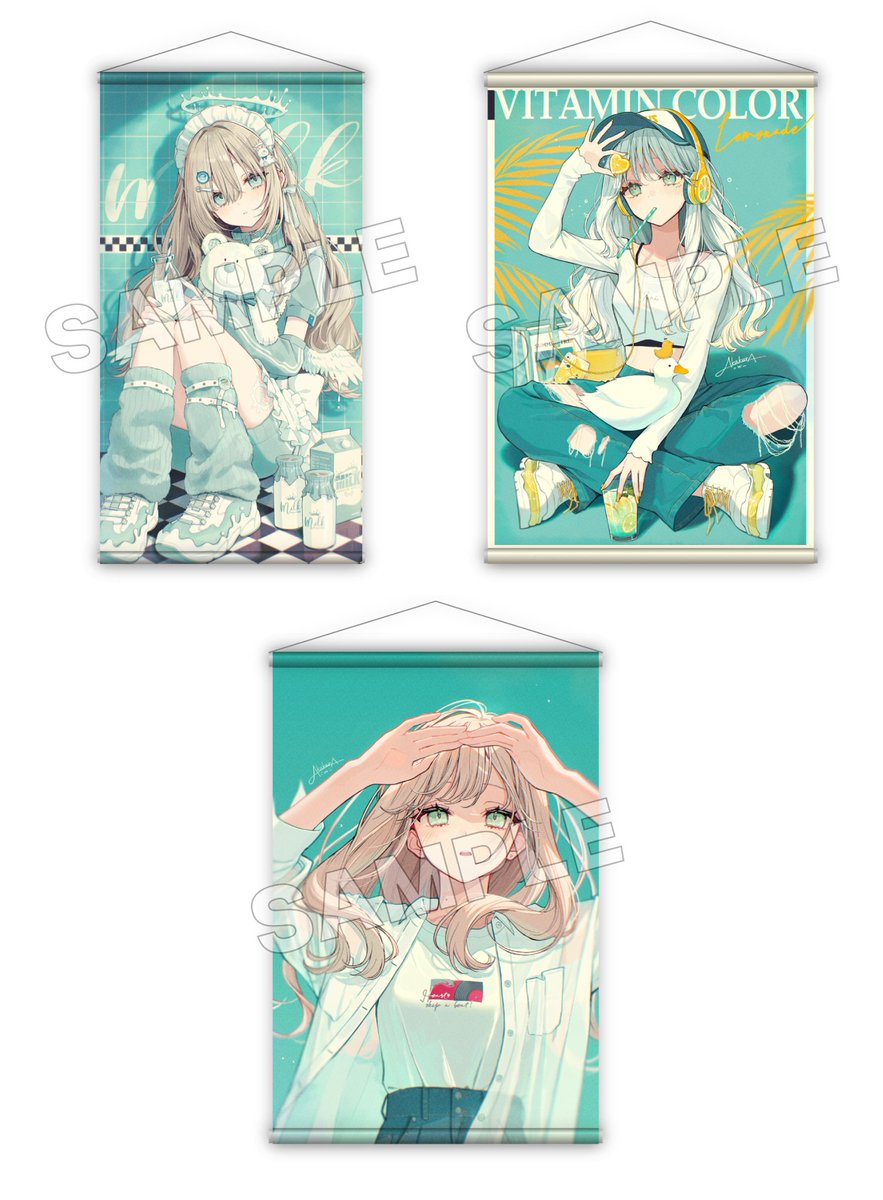 Graphiction_B's tweet photo. 描き下ろし以外の3種も豪華ラインナップ！ 
左上の「Milky angel」は、元のイラストの美しさを損なわないよう、縦長感を活かした【特注サイズ】で製作しました✨

赤倉さんのこだわりをそのまま形にした、ここでしか手に入らない特別な仕様をぜひお手元に

ご予約・詳細は固定ポストを要checkです！ https://t.co/0vACXpEUsu