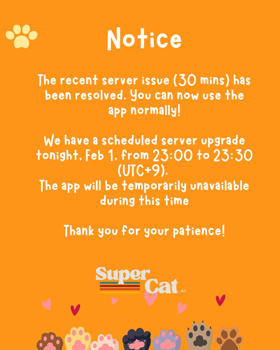 SuperCat_AI's tweet photo. [Notice] Service Restored &amp; Maintenance Update!

Let's play https://t.co/63TNWYaf1E,  Search 'https://t.co/hXOTdscpTW' on the App Store &amp; Google Play Store https://t.co/xrvSfhUiIV