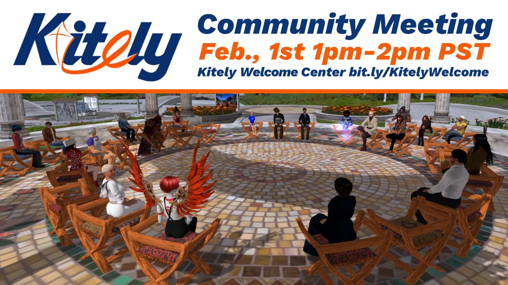 Please join us for our weekly <a href="/Kitely/">Ilan Tochner</a> Community Meeting on Sun., Feb. 1st at 1 PM Grid Time. Meet new friends, learn what's new, share &amp; ask questions. Everyone is welcome! We hope to see you there! 👋      

TP to Welcome Center: bit.ly/KitelyWelcome 

#opensim #hypergrid