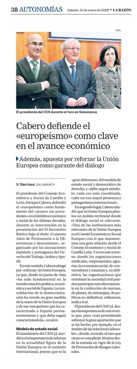 cescyl's tweet photo. 📰El presidente del @cescyl defiende el “europeísmo” como fundamento de un “avance sin precedentes” en el ámbito económico y social durante las últimas décadas | @larazon_es👉https://t.co/x5WGY5PLHr
✅ IX Encuentro Ibérico de Derecho del Trabajo de la @AEDTSS y la #APoDiT https://t.co/gcVEFlWjJ3