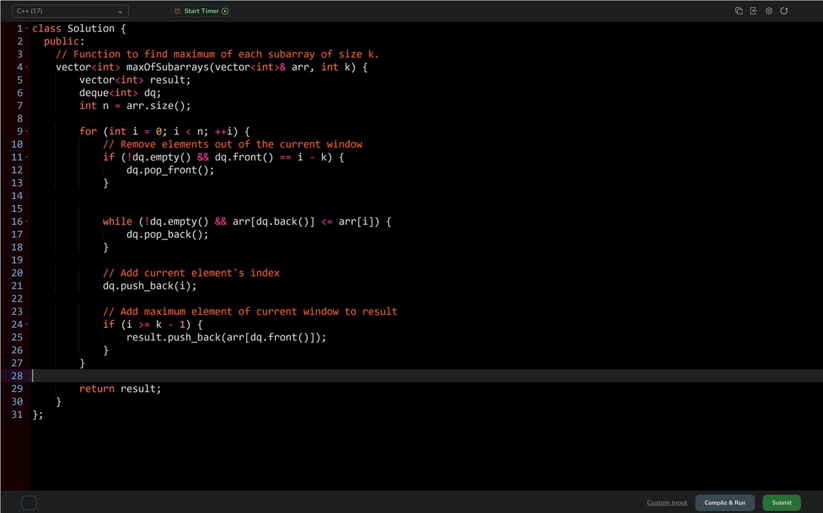PankajB42550's tweet image. 🚀 Solved: Maximum of All Subarrays of Size K (GFG)

Classic sliding window + deque problem.
Maintain decreasing order in deque to get max in O(1) per window.

✔ Accepted
🔥 Day 05/90
#Day06/90 @geeksforgeeks  #DSA #SlidingWindow
#Deque #ProblemSolving #CPP2026
#LearningInPublic
