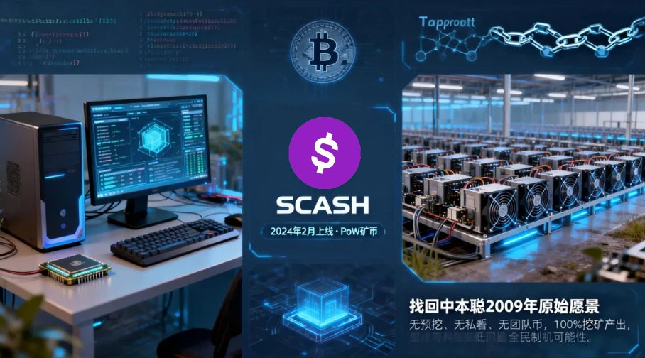 BTC_SCASH's tweet image. #SCASH 是一个2024年2月上线的 PoW 矿币项目，它的核心叙事是试图“找回中本聪2009年的原始愿景”：让普通家用电脑（CPU）就能参与挖矿，而不是被ASIC矿机和大矿场完全垄断。SCASH底层协议源自比特币核心代码，继承了比特币的共识规则、安全模型、Taproot等特性，无预挖、无私募、无团队币，100%…