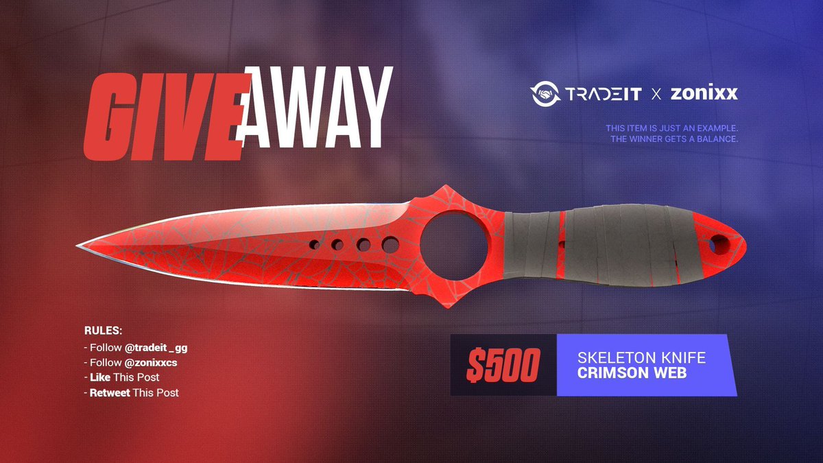 zonixxCS's tweet image. Zusammen mit meinem neuen Partner @tradeit_gg verlosen wir ein Skeleton Knife | Crimson Web mit einem Wert von 500$ 💪

Ihr müsst nur folgendes tun um teilzunehmen ⬇️
✅Folgt @tradeit_gg &amp;amp; @zonixxCS
✅Markiert 2 oder mehr Freunde
✅Like &amp;amp; Retweet den Post

Den Gewinner ziehen wir…