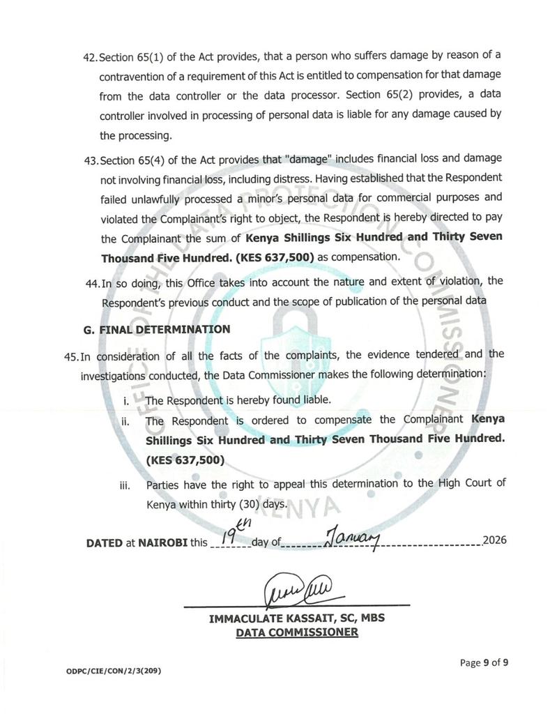 In Kenya, in Julian Rowa (suing on behalf of a minor AJR) v The Nairobi Academy, ODPC Complaint No. 1597 of 2025 (19 Jan 2026), the school was ordered to pay KSh 637,500 after the Office of the Data Protection Commissioner found that it unlawfully processed a minor’s personal