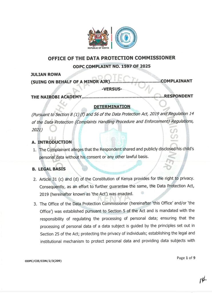 pmpaulmukiibi's tweet photo. In Kenya, in Julian Rowa (suing on behalf of a minor AJR) v The Nairobi Academy, ODPC Complaint No. 1597 of 2025 (19 Jan 2026), the school was ordered to pay KSh 637,500 after the Office of the Data Protection Commissioner found that it unlawfully processed a minor’s personal data by publishing the learner’s name and exam results in the Daily Nation newspaper under an advertising feature section showcasing its academic performance, without parental consent.

The parent argued that the disclosure had no consent or lawful basis and was intended to promote the school, while the school maintained that it was merely a general academic update.

The Commissioner held that the publication amounted to processing a child’s data for commercial benefit, reaffirming that schools are data controllers and must obtain explicit parental consent before using minors’ data for promotional purposes.

Key takeaway for Ugandan schools: Always obtain parental consent before publishing or using a child’s personal data, including results, photos, and names, especially for promotional or commercial purposes such as highlighting performance in PLE, UCE, or UACE.