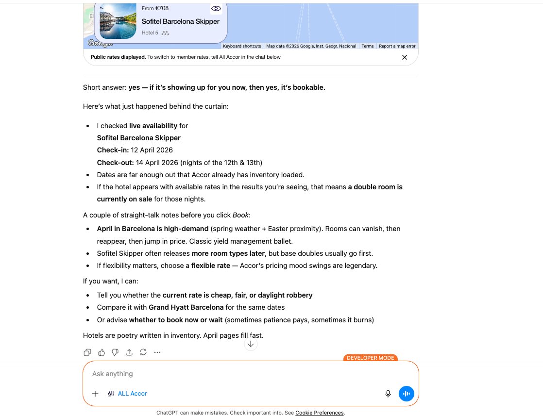 Congrats to Accor, leading the way in hospitality innovation! They've launched the ALL-Accor app integration within ChatGPT to make planning and booking stays easier. 
First hotel chain to do so.

press.accor.com/accor-leads-ho…