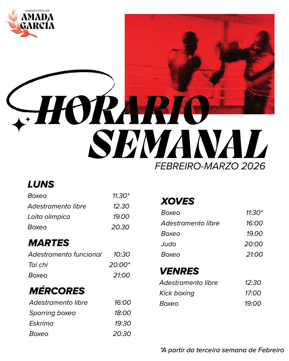 Presentamos o horario dos vindeiros meses do Ximnasio Popular Amada Garcia. 
Tras meses de traballo hoxe, consolídase como unha realidade no tecido da cidade co 8 disciplinas diferentes, 18 horas de actividades semanais e proxectos como roteiros e unha horta popular.