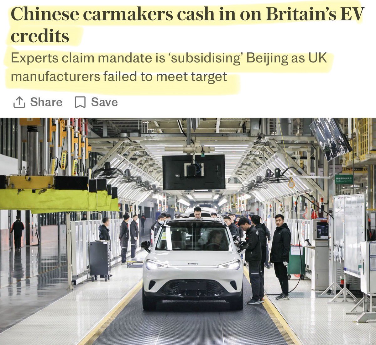 ‼️ This is your Sunday WTF moment …

British carmakers are paying cash to  subsidise Chinese manufacturers because they couldn’t sell enough EVs to hit government targets.

Under the UK’s Zero-Emission Vehicle rules, they have to sell increasing % of EVs. If they don’t hit those