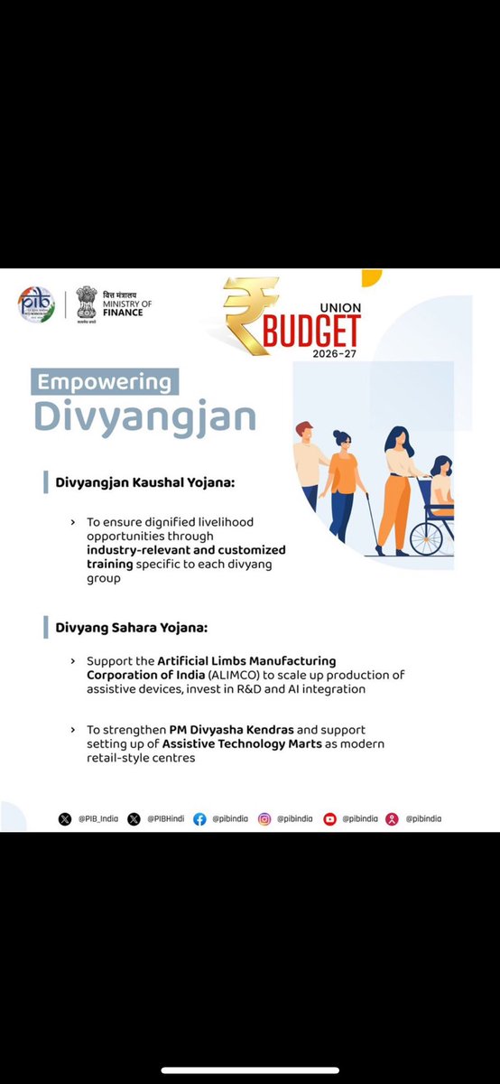 ncpedp_india's tweet photo. Over years of sustained engagement and advocacy, disability priorities are beginning to find space in policy. We welcome the disability-focused measures announced in the Union Budget 2026–27 by @nsitharaman aimed at strengthening livelihood pathways for persons with disabilities. 

Key proposals include :
1. Divyangjan Kaushal Yojana for customised, industry-linked skilling
2. ⁠ Divyang Sahara Yojana, continued support to @ALIMCOHQ , investments in assistive technology and R&D and strengthening of PM Divyasha Kendras. 

The increase in allocation from ₹1,275 crore (BE 2025–26) to ₹1,669.72 crore (BE 2026–27) signals growing policy attention. What will matter now is effective implementation and last-mile access so these measures translate into real outcomes on the ground.

@FinMinIndia @PMOIndia @MSJEGOI @socialpwds @armanaly @Mphasis 

#UnionBudget2026 #DisabilityInclusion #PersonsWithDisabilities #Divyangjan #AssistiveTechnology #InclusiveLivelihoods #DisabilityRights #AccessibleIndia #InclusiveDevelopment #PolicyToPractice #NCPEDP