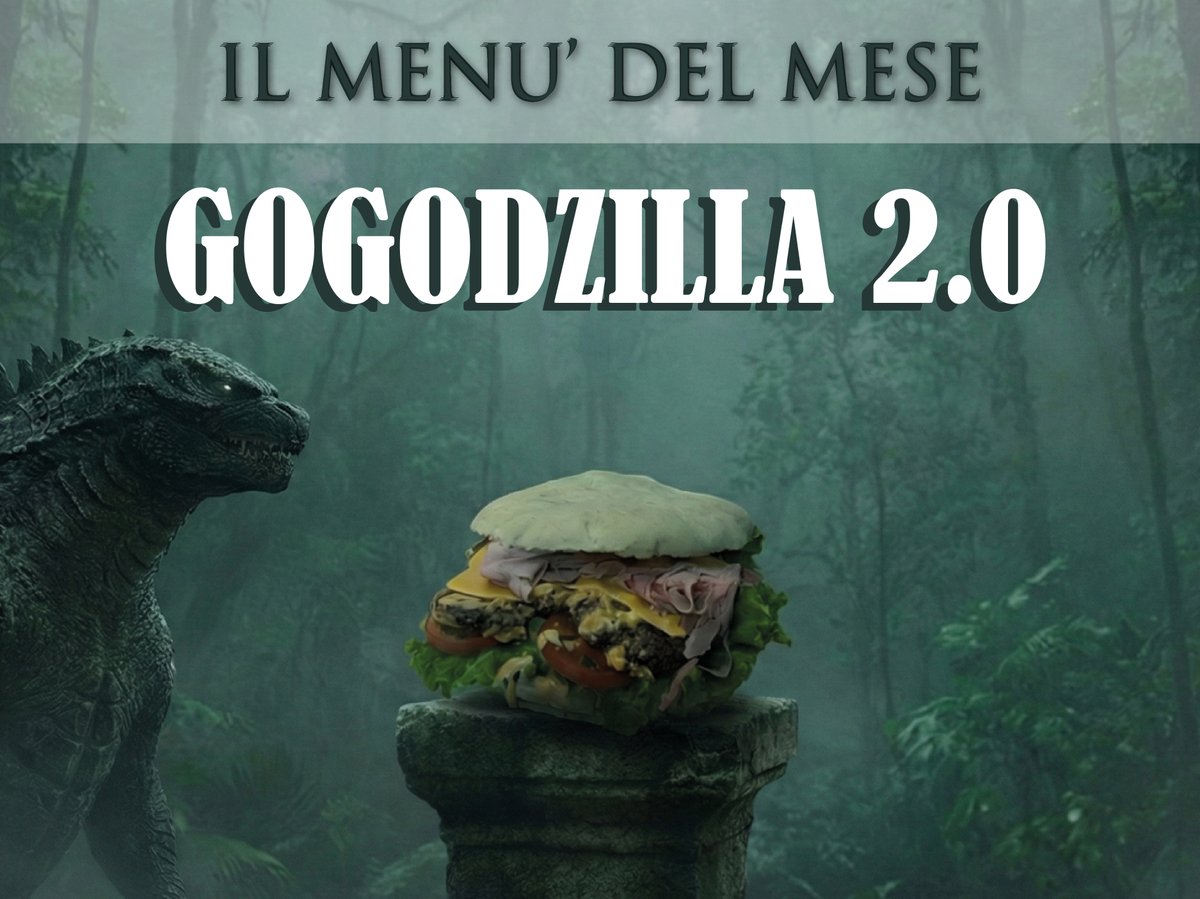 GoGoBurger's tweet photo. E' arrivato il menù più atteso da tutti i divoratori seriali di hamburger! Quest'anno, con una nuova ricetta, vi presentiamo il GOGOZILLA 2.0 composto da pane arabo con 6 burger, prosciutto di Praga, 3 cheddar, pomodoro, lattuga e smoked mayo + Bibita a scelta ad euro 16,00 https://t.co/Shzd4moQ5S