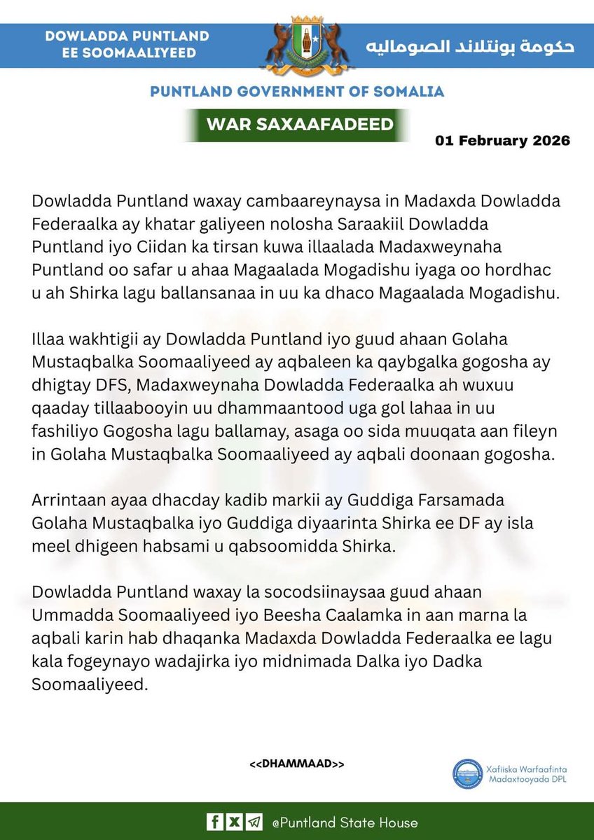 ShabelleMedia's tweet photo. BREAKING: Puntland says President Hassan Sheikh Mohamud endangered the lives of its soldiers and presidential guards while they were traveling to Mogadishu. https://t.co/6fjEGsLCEy