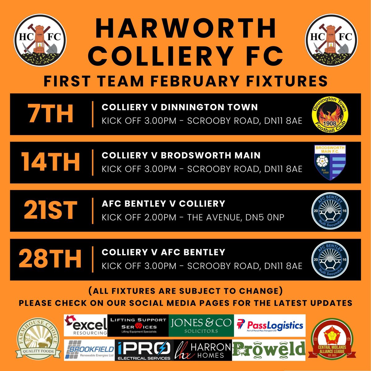 HCIFC's tweet photo. Four Saturdays in February, four games lined up.

We begin with @DinnoTownFC and then Brodsworth Main at home followed by @AFCBentley2016 away and then the same opponents at home to close out the month. https://t.co/7oBVfW1KQf