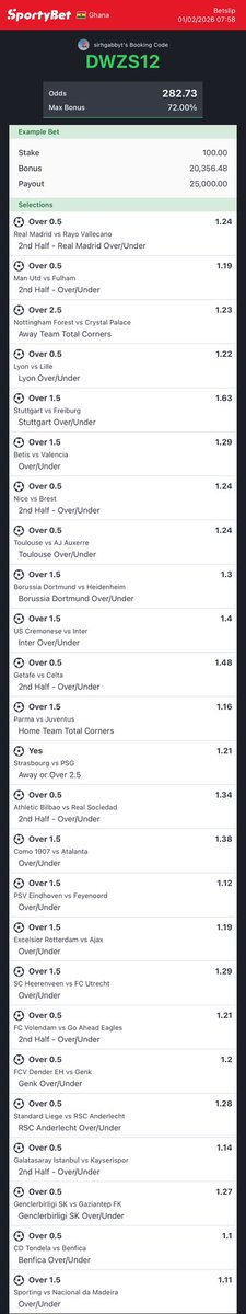 GabbySirh's tweet photo. Main Slips for Today 🔥🔥

Just REPOST for Others 🫡

100 odds : 9ET6L9

280 odds : DWZS12

50 odds : https://t.co/TCrYstBi7i
Join free n stake free https://t.co/G8Y1j9xu9k
