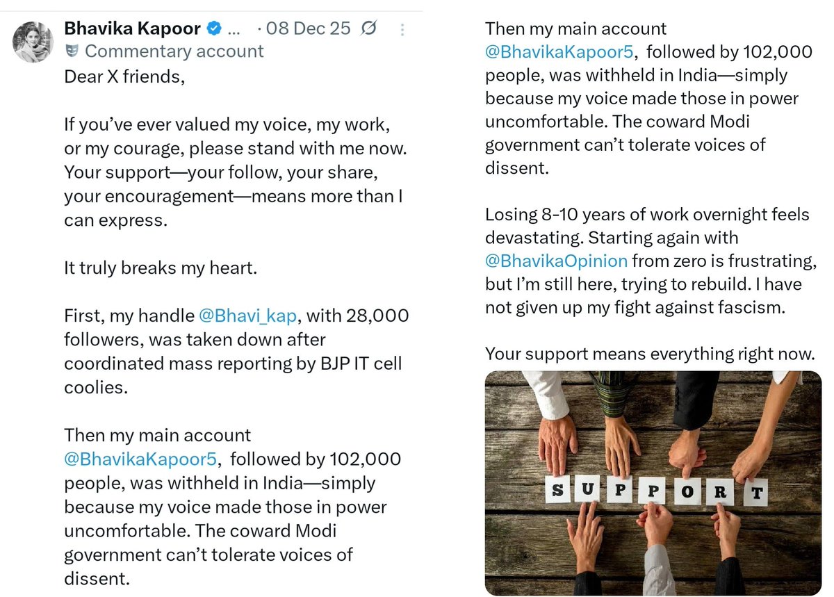 I have written to <a href="/GoI_MeitY/">Ministry of Electronics & IT</a> several times, but there has been no explanation from their side as to why they have withheld the visibility of my handle @bhavikakapoor5 in India.

I have also written to <a href="/X/">X</a> and <a href="/elonmusk/">Elon Musk</a>, but there has been no respite. I even appealed to restore my