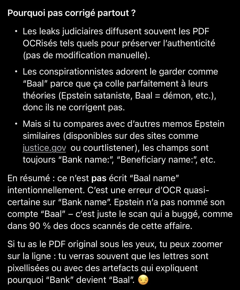 Swipethatfr's tweet photo. Ce n’est PAS un compte nommé Baal (démon). C'est une erreur OCR classique sur "Bank name:" (scan foireux du doc). Le vrai nom du compte : "One Clearlake Centre, LLC". Preuve : y a des fautes partout. Pas de satanisme bancaire ici, juste un bug de numérisation. #Epstein #JPMorgan https://t.co/A1niiTcyFD