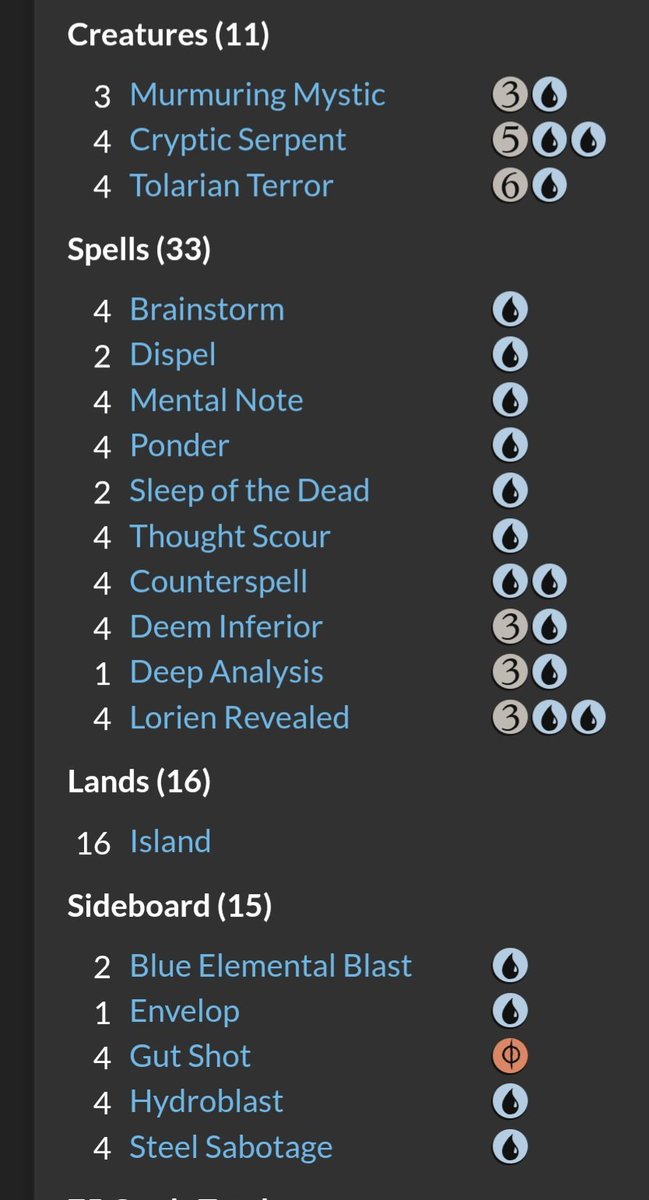 PDores's tweet photo. Top2 at pauper qualifier
R1 u terror W
R2 ub fearies W
R3 uw ephemerate W
R4 TRON W
R5 ID
R6 ID
T8 caw gates W
T4 grix anfinity W
T2 grull ramp L https://t.co/6rDvILd6bd