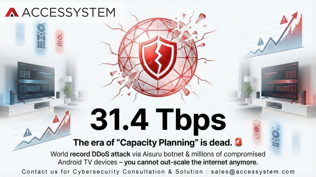 ACCESSYSTEM_IT's tweet photo. 31.4 Tbps. The era of "Capacity Planning" is dead. 
The world record for DDoS attacks didn’t just break this week—it shattered.sales@accessystem.com

#CyberSecurity #DDoS #CISO #TechNews #Cloudflare #IoT #AI #ACCESSYSTEM #OORONE #UAE #Qatar #Kuwait #Bahrain #KSA #Saudi https://t.co/c759BsBlM8