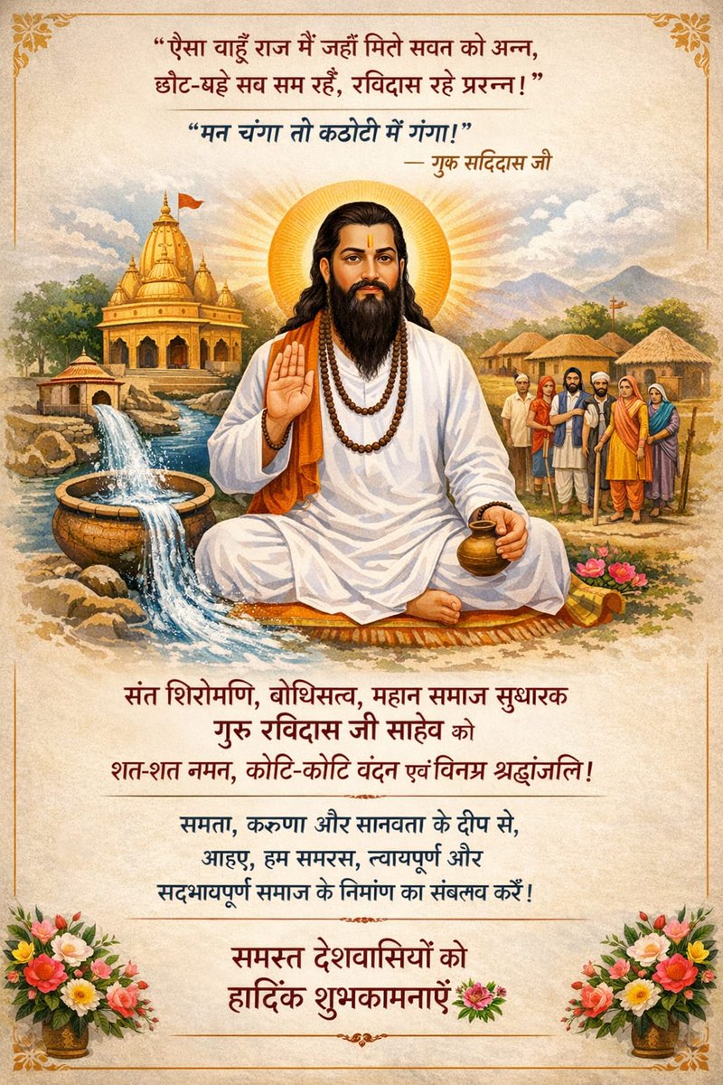 " *ऐसा चाहूँ राज मैं जहाँ मिले सबन* को अन्न,
 *छोट-बड़े सब सम रहें, रविदास रहे* प्रसन्न।"
 *"मन चंगा तो कठौती में गंगा।"* 
 *—गुरु रविदास जी* 
संत शिरोमणि, बोधिसत्व, महान समाज *सुधारक गुरु रविदास जी साहेब की पावन* जन्म-जयंती के शुभ अवसर पर उन्हें शत-शत नमन, कोटि-कोटि वंदन एवं