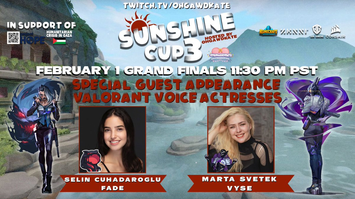🎙️🔥 VALORANT VOICE ACTRESES GUEST APPEARANCE! 🔥🎙️

☀️Sunshine Cup 3 – Grand Finals Hosted by <a href="/ohgawdkate/">QoR Ohgawdkate☀️🍉 | SUNSHINE CUP 3 🇵🇸</a> <a href="/OhgawdEvents/">OhgawdEvents</a> ☀️

We’re thrilled to announce a special guest appearance from VALORANT voice actresses during the Sunshine Cup 3 Grand Finals in support of Project HOPE and