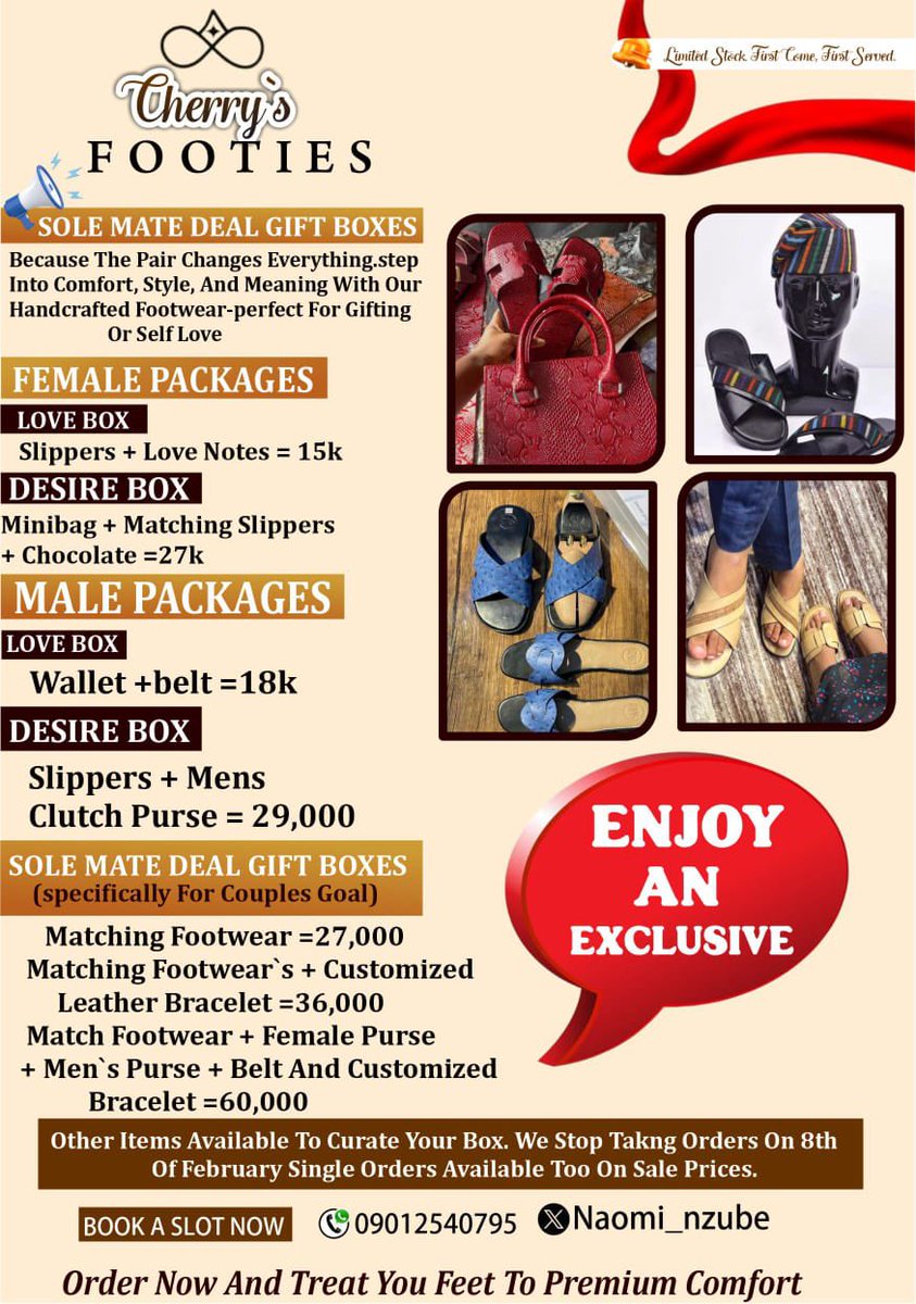 SOLE-MATE DEALS 💕

The right pair makes every step better.
Handcrafted footwear made for comfort, style, and special moments.

👣 Perfect pairs
⏳ Limited-time 
🎁 Perfect for gifting/self love❤️ 

Only 30 slots available 

📩 DM to order
#CherrysFooties #SoleMateDeals