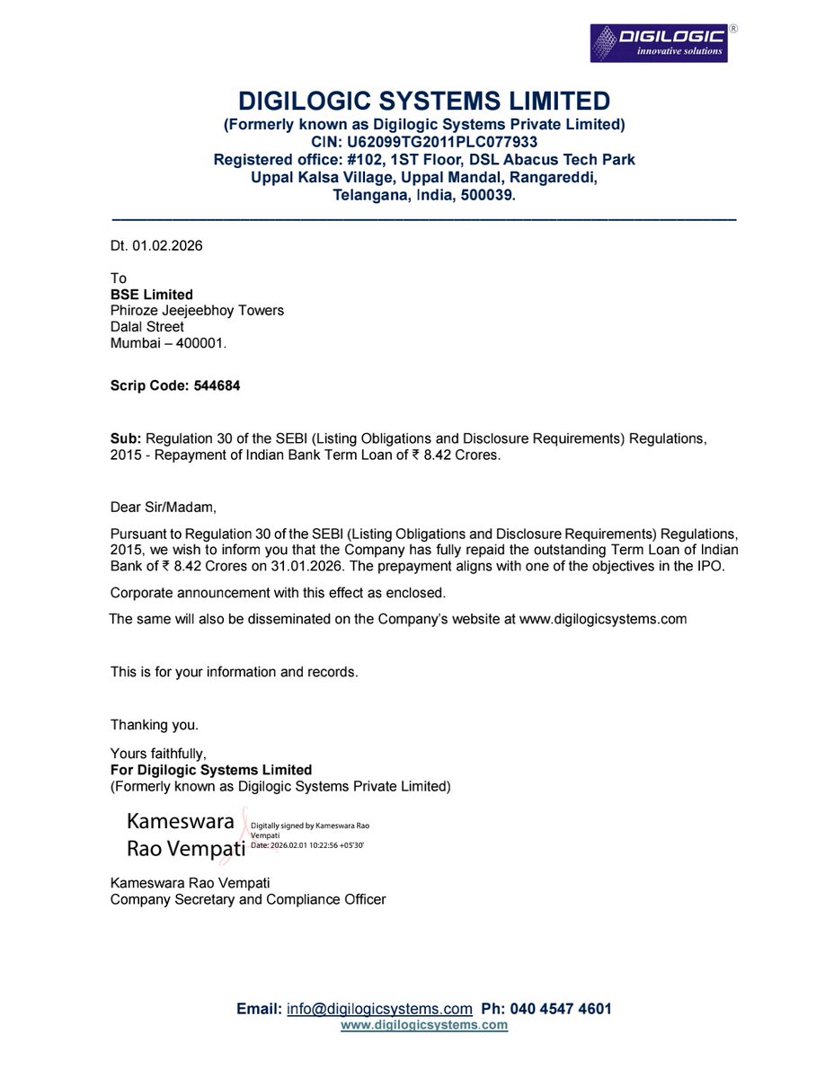 nileshkurhade's tweet photo. 📌 Digilogic Systems Ltd informed the exchange about the full repayment of the outstanding Term Loan of Indian Bank of ₹ 8.42 Crores on 31/01/2026. The repayment was made using ₹ 8 Cr from IPO Proceeds and the balance ₹ 0.42 Cr from Internal Accruals, aligning with one of the objectives in the IPO. The company also stated that Project Udaan is on track for completion by end of FY28, and for FY26, it has orders on hand of ₹ 46 Cr and participation in bids of ₹ 200 Cr, expecting 20 – 25 % growth in topline, 30 – 35 % growth in EBITDA and 40 – 45 % growth in PAT. #SME #DIGILOGIC 💰✅