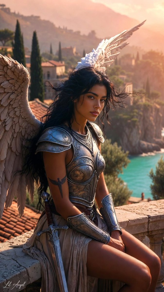 CLAngelillo's tweet photo. As the sun melts into the Amalfi sea, she lingers on ancient stone—eternal sentinel of terracotta dreams, wings kissed by the last light, gaze holding centuries of quiet strength. 
Rest well, my warriors. 
Good night X.
#LilAngel #WarriorAngel #AmalfiGuardian #SunsetAngel #FantasyArt #DigitalArt