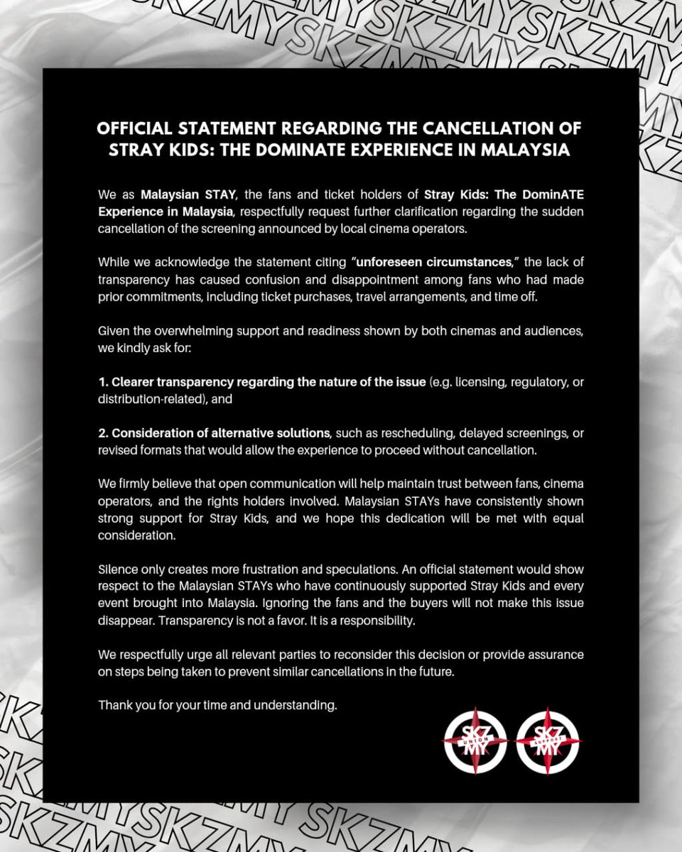 WE WON'T GIVE UP‼️

We were looking forward to the Stray Kids : The DominATE Experience, but was cancelled abruptly.

We ask for reconsideration or a clear explanation. Transparency matters.

#MYSTAYneedSKZ <a href="/LiveNation/">Live Nation</a> <a href="/UIPMalaysia/">UIP Malaysia</a> <a href="/jypnation/">JYPnation</a>