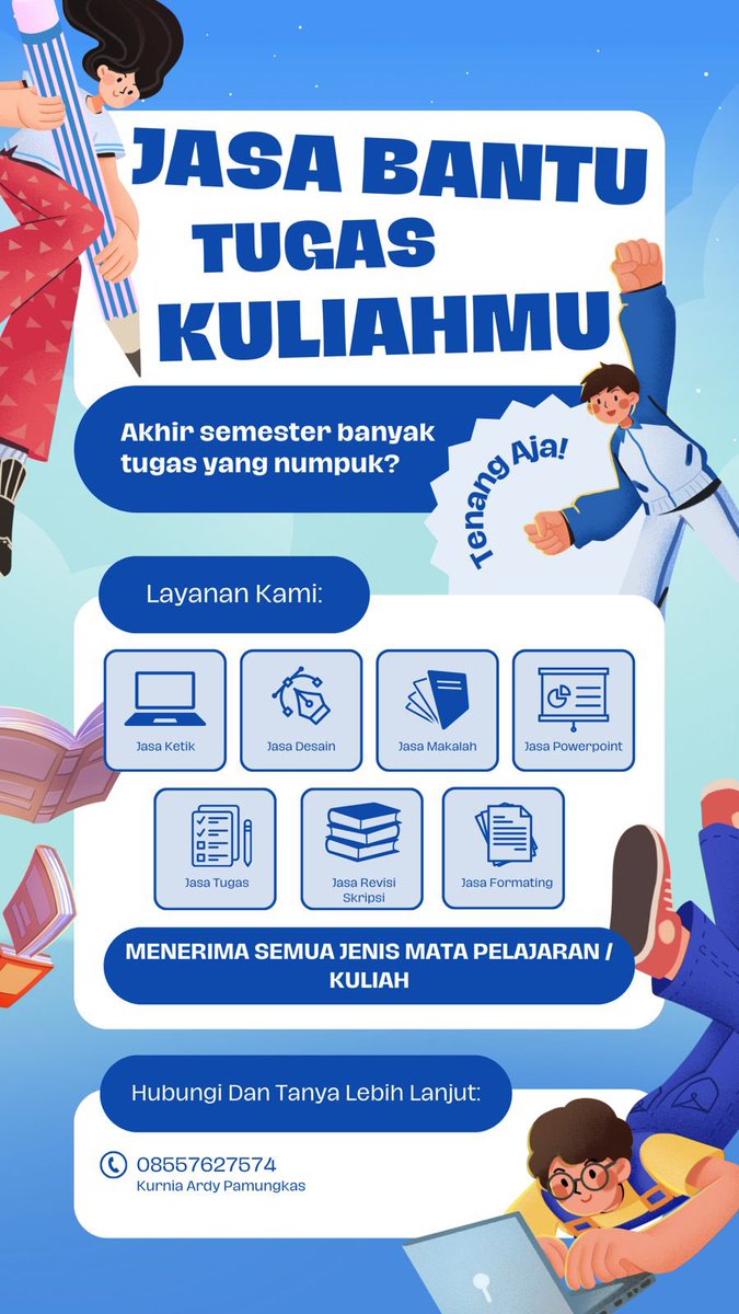 archck1's tweet photo. Butuh Bantuan Tugas Kuliah? Kami Solusinya! 🎓

Lembur tugas? Deadline mepet? Tenang, kami siap bantu kamu!

📩 Chat sekarang untuk konsultasi GRATIS!
08557627574 (Kurnia Ardy) 

#jokitugas #Jokiskripsi #jokitugasfarmasi #jokimurah https://t.co/JxG6rWwDJs
