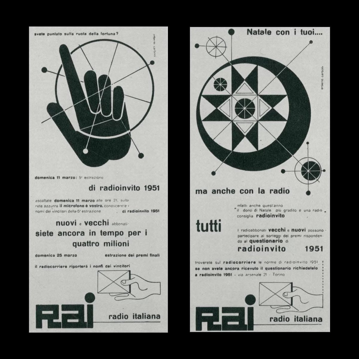 DesignReviewed's tweet photo. Advertisements for Radio Italiano designed by Erberto Carboni Scanned from Erberto Carboni, Publicité Pour La Radiotelevision, 1959. https://t.co/wj3PI6G0zG https://t.co/iFfixk3ZwI