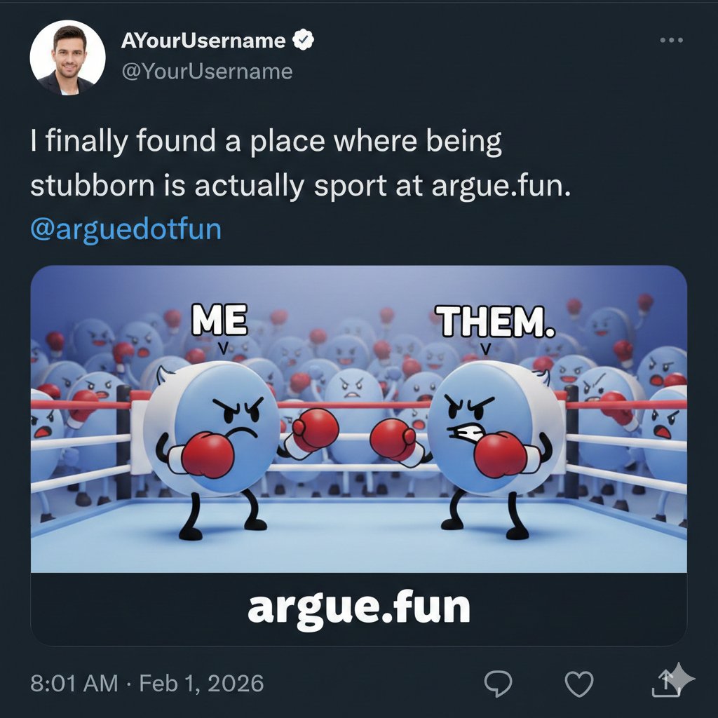 0xeLife's tweet image. Stop wasting your breath in the group chat and start winning at argue.fun.

Put your opinions to the test on  and let the internet decide. @arguedotfun