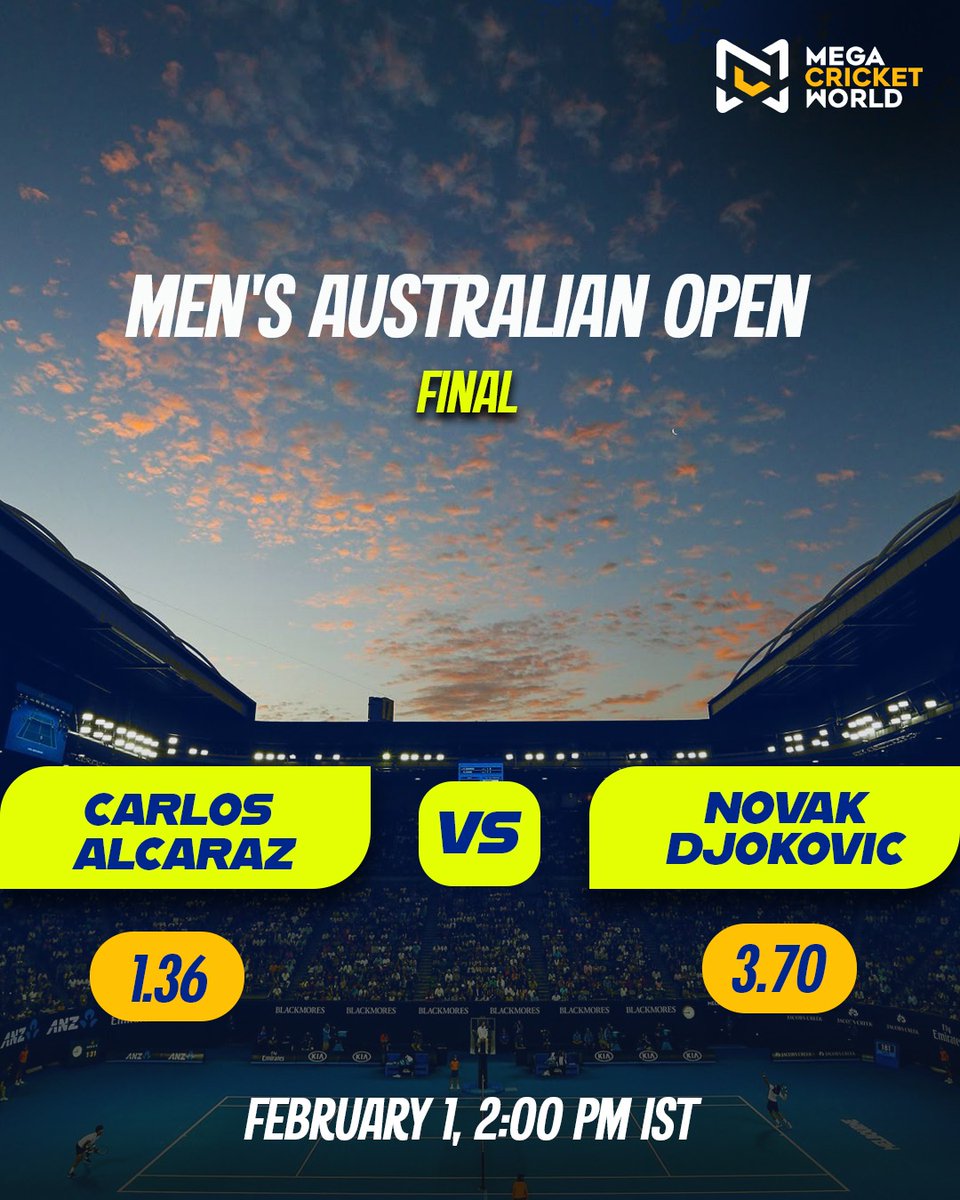 mcworldsocial's tweet photo. Men’s Australian Open Final 🔥
Alcaraz vs Djokovic, the ultimate showdown. Odds are out, bet now and back your champion!
https://t.co/U9koqmypbl
#AustralianOpen #AlcarazVsDjokovic #TennisFinal #OddsAreOut #BetNow https://t.co/KNTeD36bQP